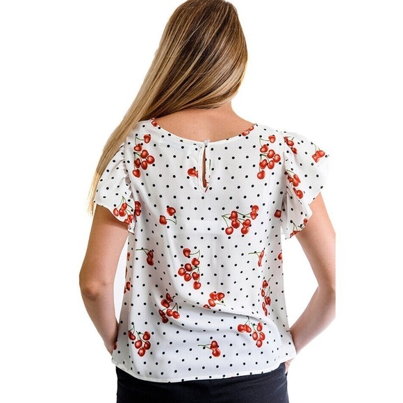 Cherries & Polka Dots on White Keyhole Blouse w Cap Sleeves Sz Small - Hey Viv - Picture 2 of 5